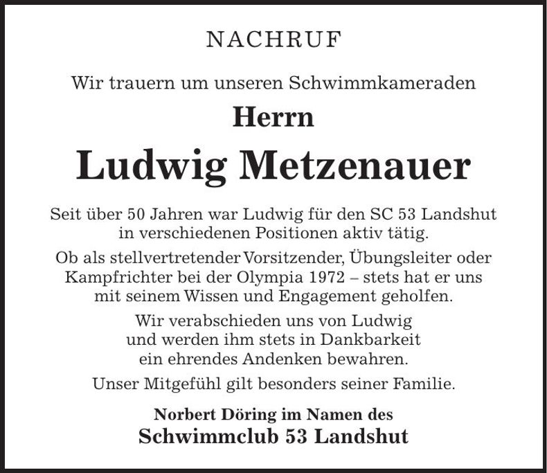 Traueranzeige Ludwig Metzenauer