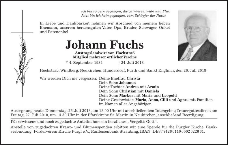 Traueranzeige Johann Fuchs