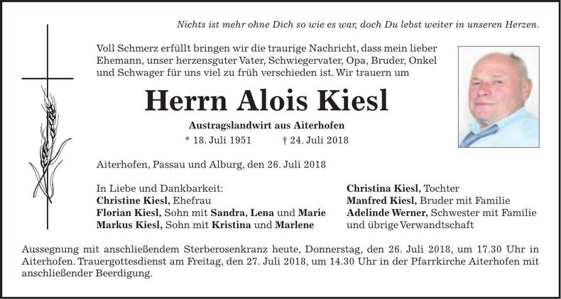 Traueranzeige Alois Kiesl