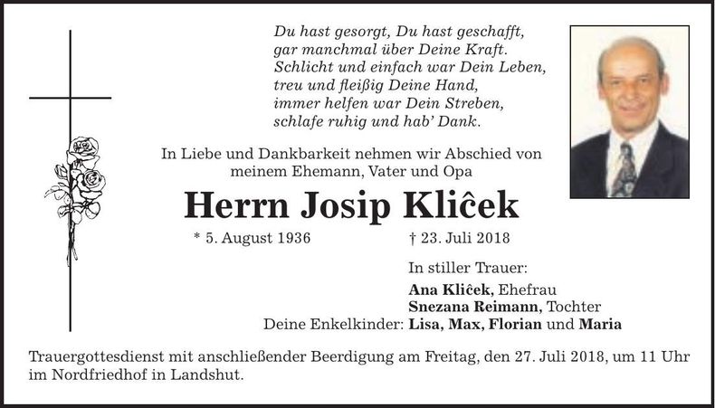 Traueranzeige Josip Klicek
