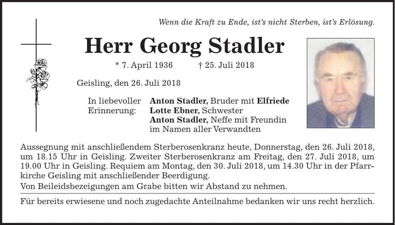 Traueranzeige Georg Stadler