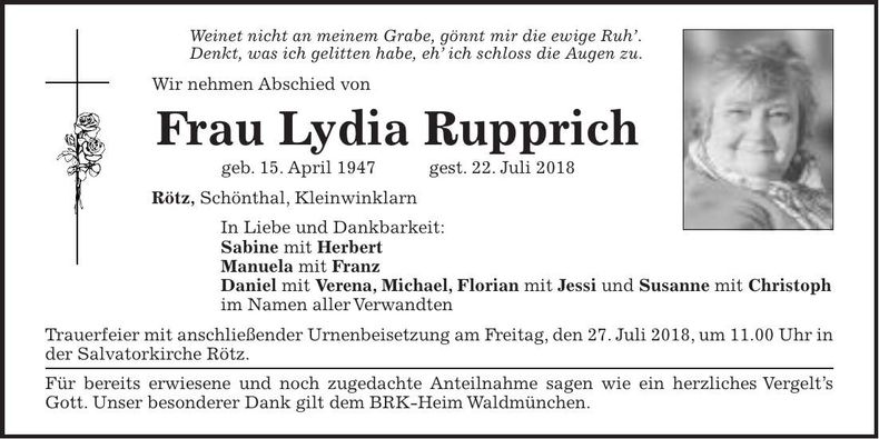 Traueranzeige Lydia Rupprich