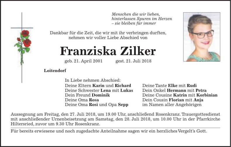 Traueranzeige Franziska Zilker