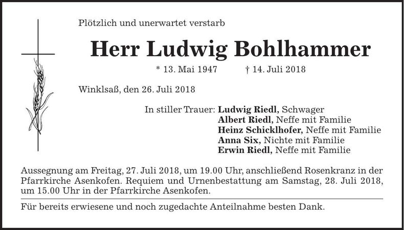 Traueranzeige Ludwig Bohlhammer