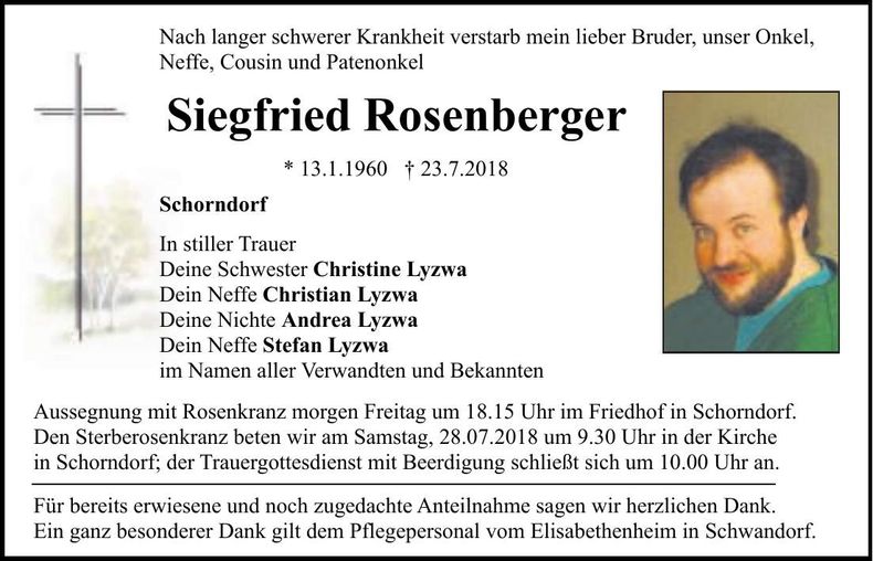 Traueranzeige Siegfried Rosenberger
