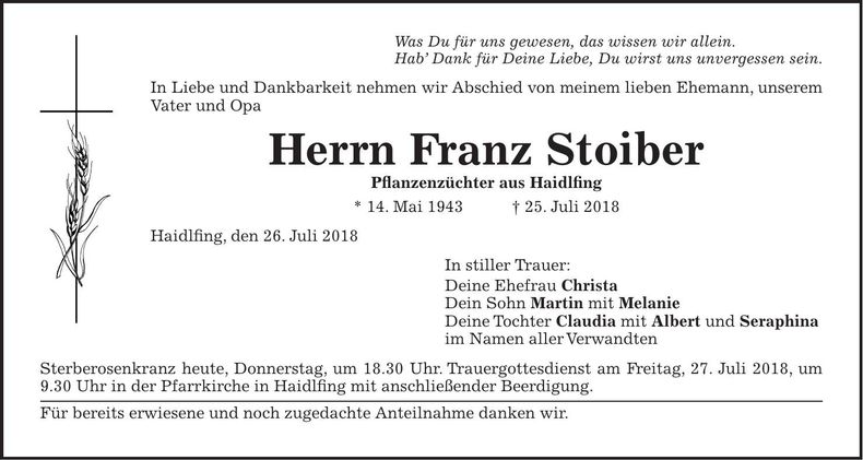 Traueranzeige Franz Stoiber