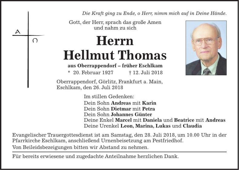 Traueranzeige Hellmut Thomas