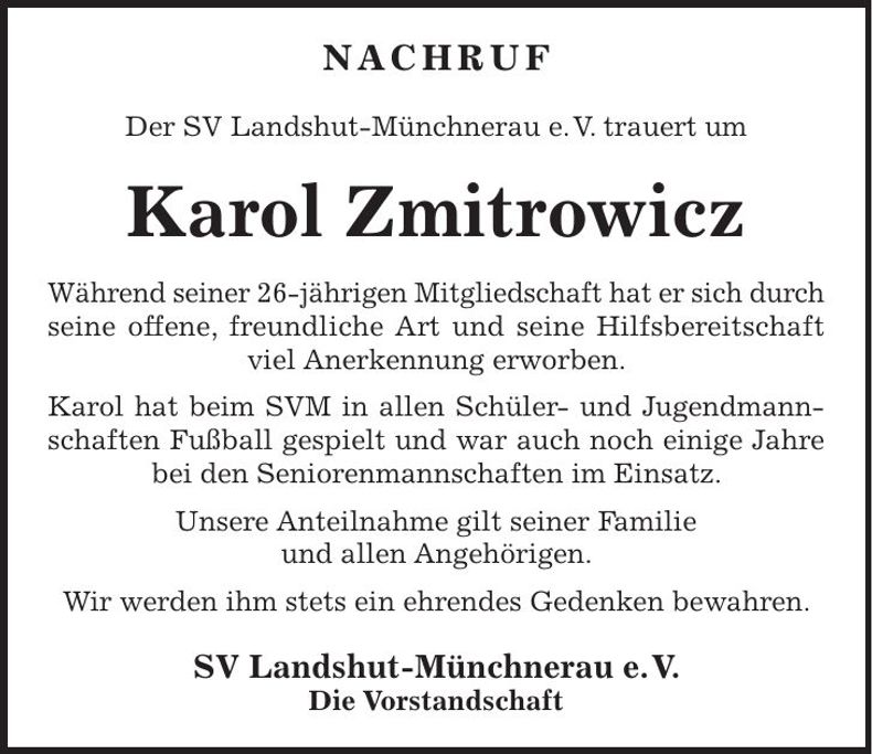 Traueranzeige Karol Zmitrowicz