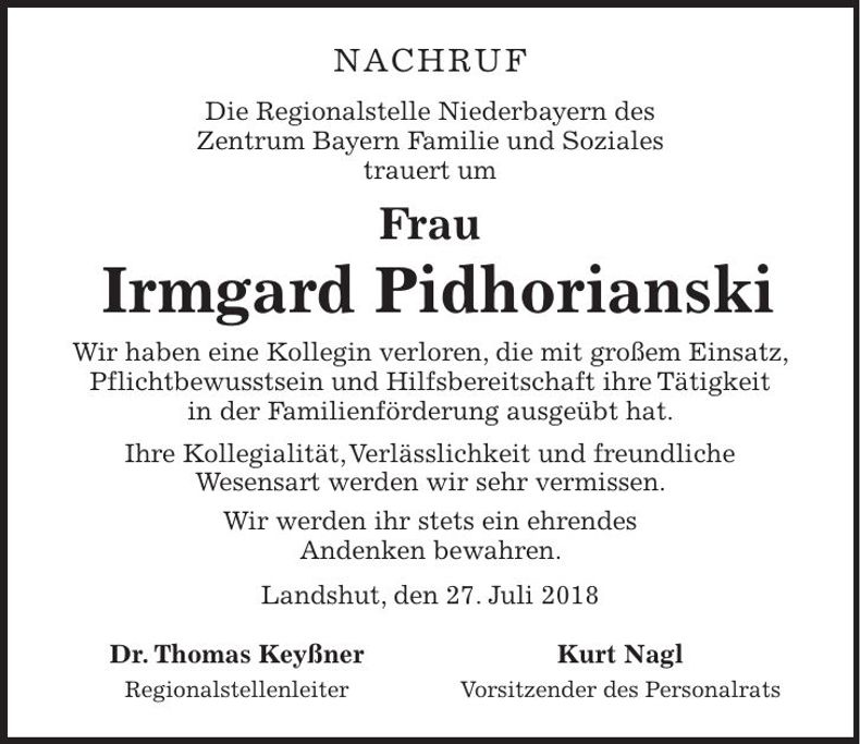 Traueranzeige Irmgard Pidhorianski