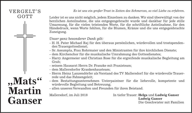 Traueranzeige Martin "Mats" Ganser