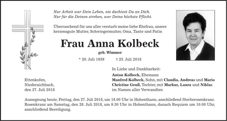 Traueranzeige Anna Kolbeck