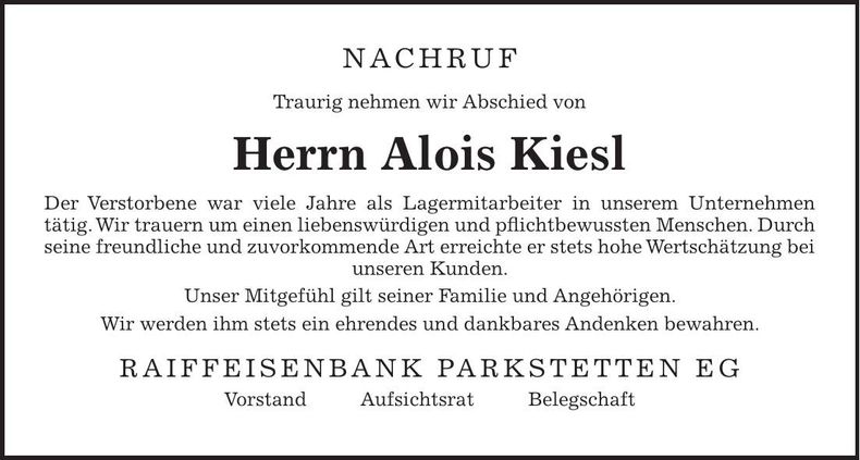 Traueranzeige Alois Kiesl