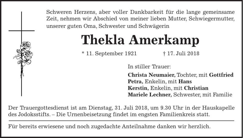 Traueranzeige Thekla Amerkamp