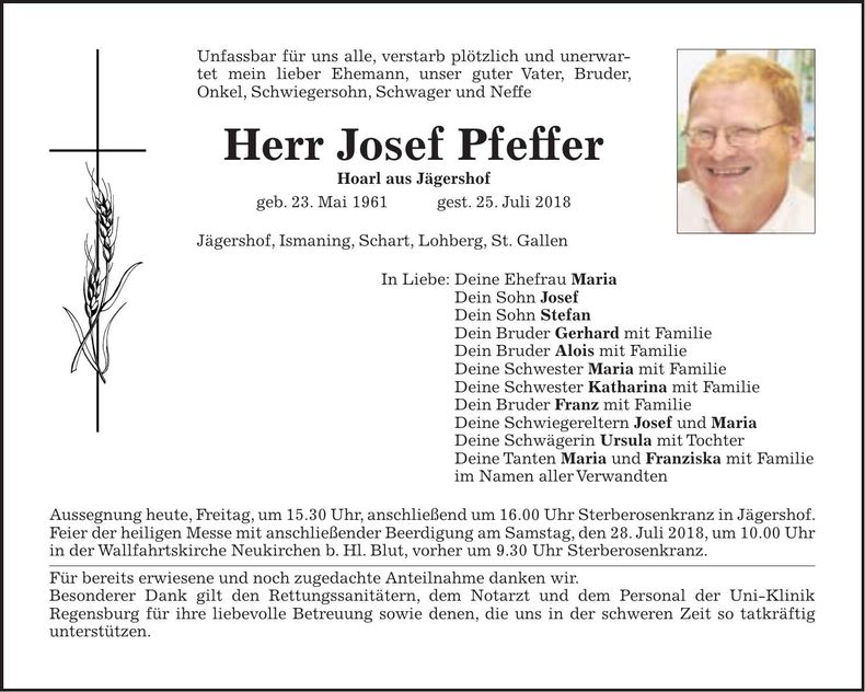Traueranzeige Josef Pfeffer
