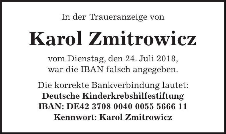 Traueranzeige Karol Zmitrowicz