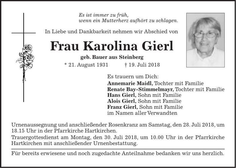 Traueranzeige Karolina Gierl