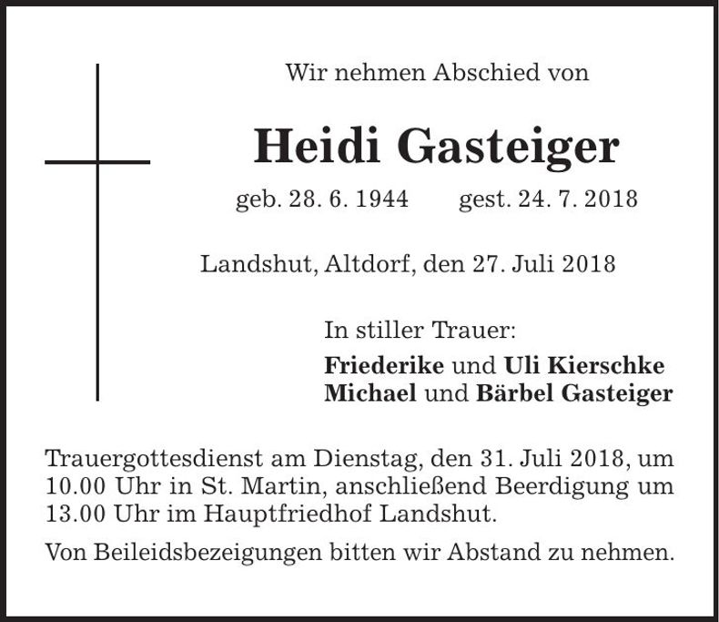Traueranzeige Heidi Gasteiger