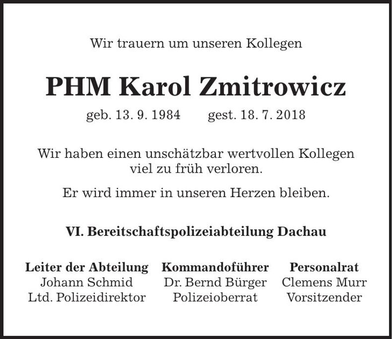 Traueranzeige Karol Zmitrowicz