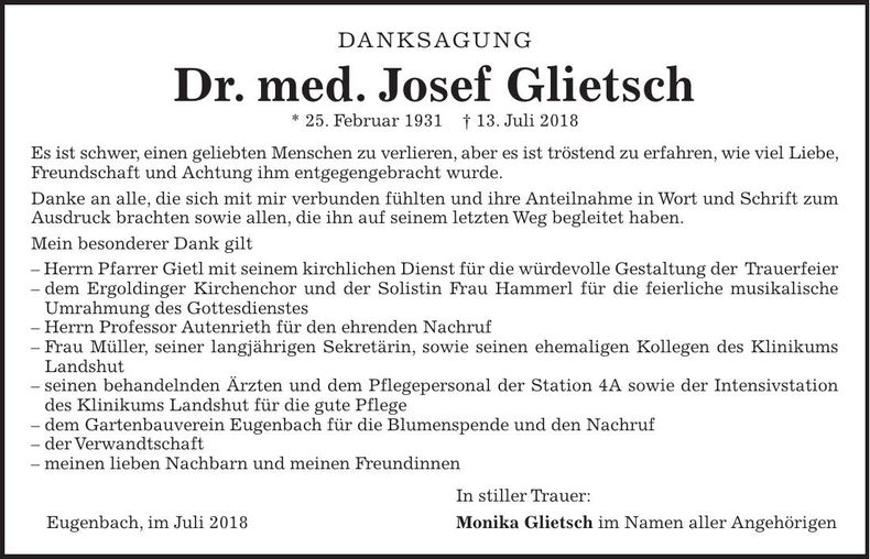 Traueranzeige Josef Glietsch