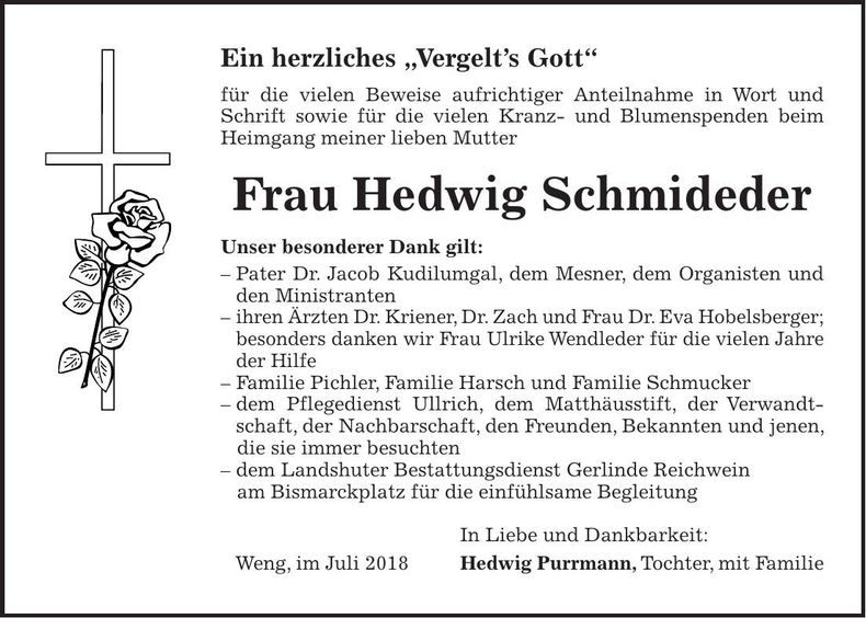 Traueranzeige Hedwig Schmideder