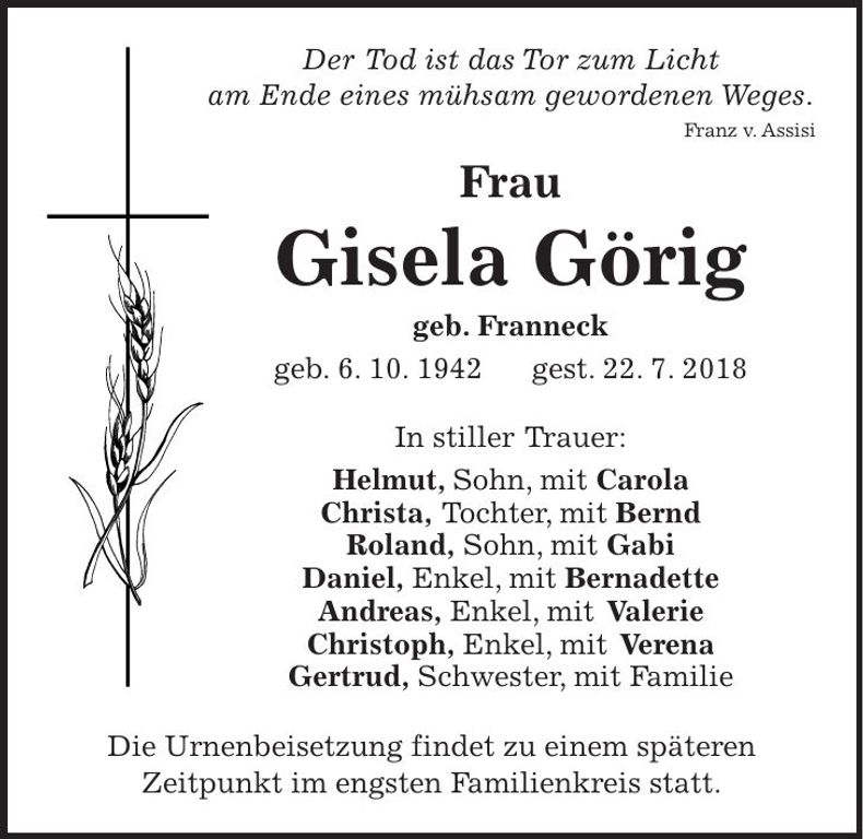 Traueranzeige Gisela Görig