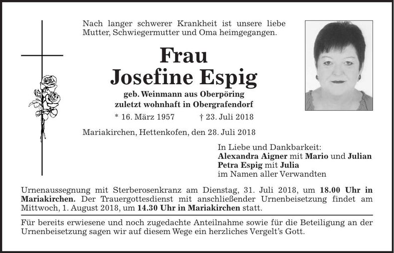 Traueranzeige Josefine Espig