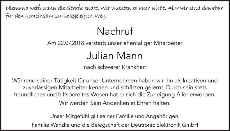 Traueranzeige Julian Mann