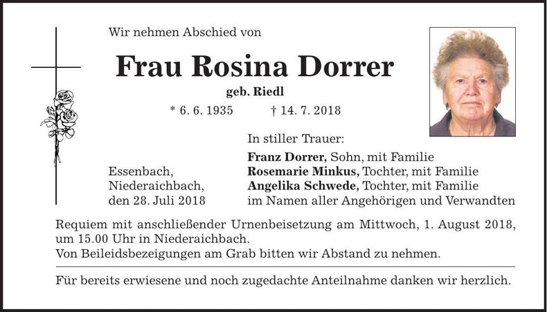 Traueranzeige Rosina Dorrer