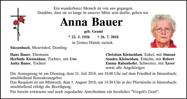 Traueranzeige Anna Bauer