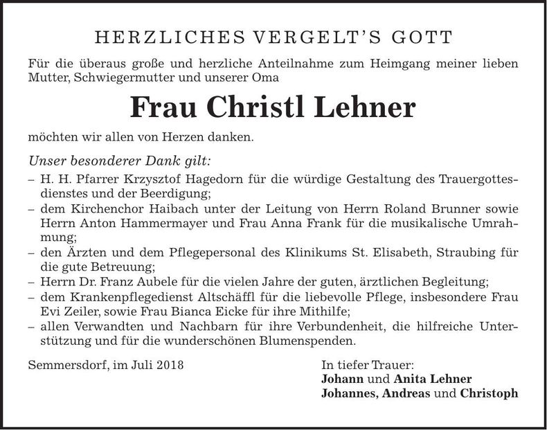 Traueranzeige Christl Lehner