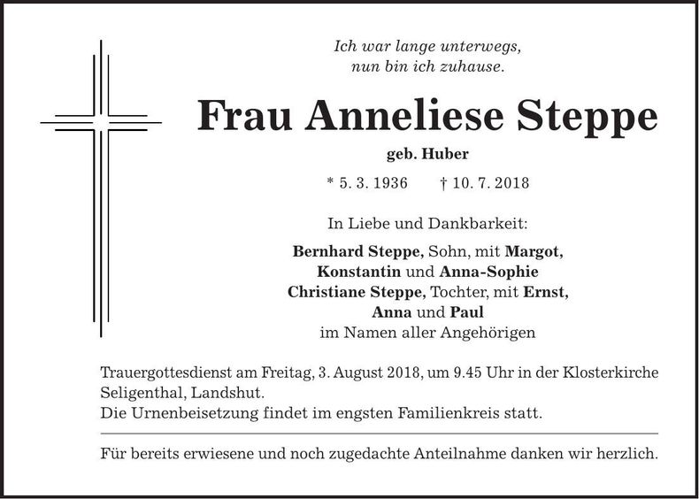 Traueranzeige Anneliese Steppe