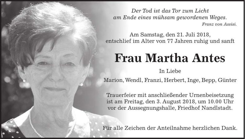 Traueranzeige Martha Antes