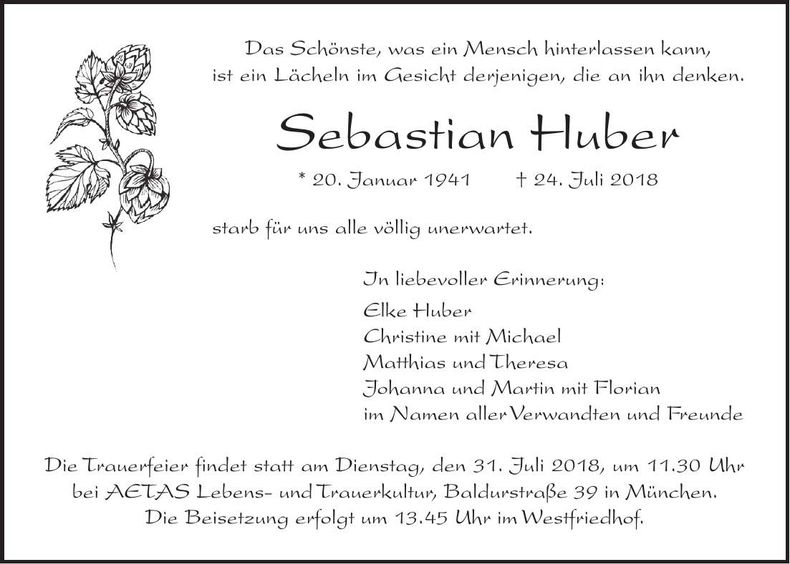 Traueranzeige Sebastian Huber
