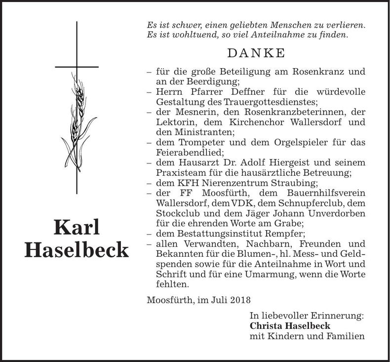 Traueranzeige Karl Haselbeck