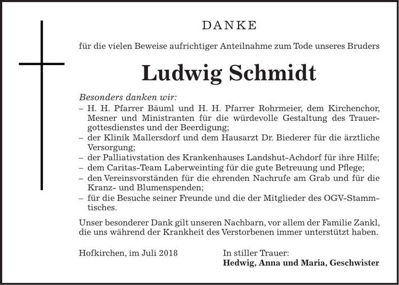 Traueranzeige Ludwig Schmidt