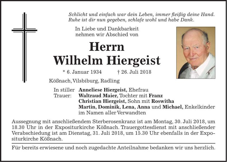 Traueranzeige Wilhelm Hiergeist