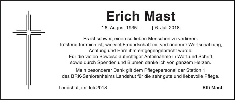 Traueranzeige Erich Mast