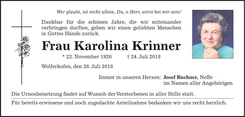 Traueranzeige Karolina Krinner