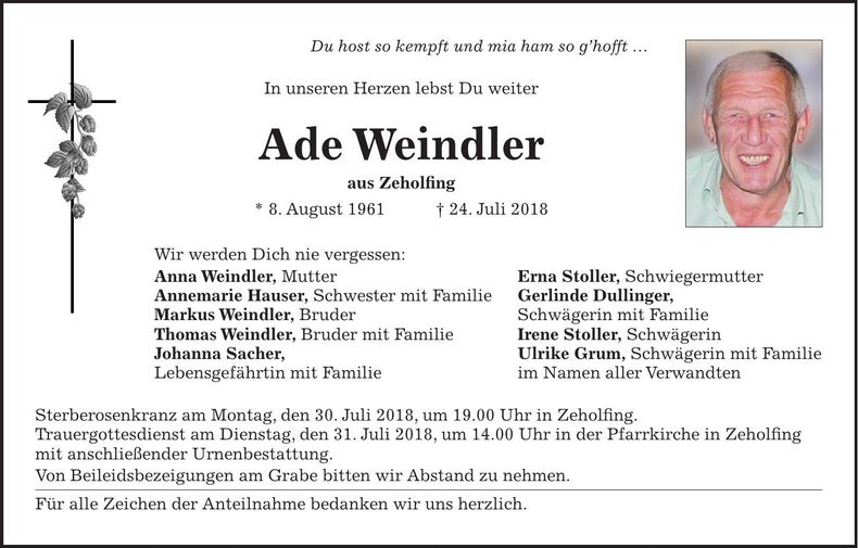Traueranzeige Ade Weindler