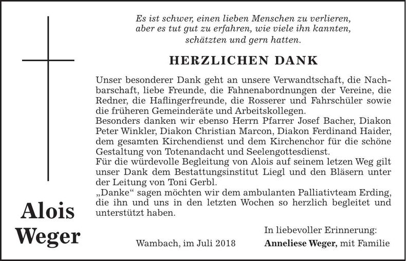 Traueranzeige Alois Weger