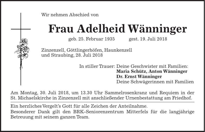 Traueranzeige Adelheid Wänninger