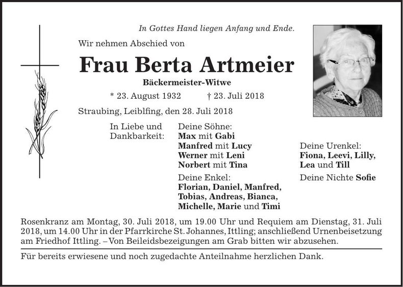 Traueranzeige Berta Artmeier