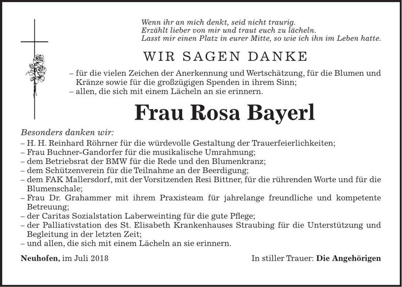 Traueranzeige Rosa Bayerl
