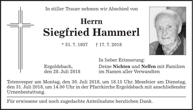 Traueranzeige Siegfried Hammerl