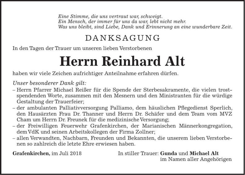Traueranzeige Reinhard Alt