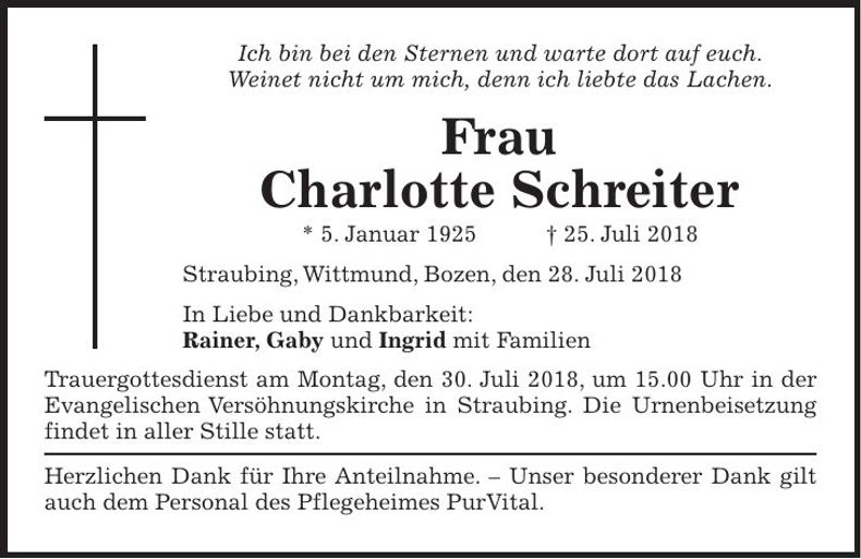 Traueranzeige Charlotte Schreiter