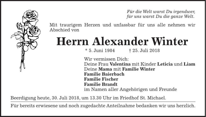 Traueranzeige Alexander Winter
