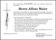 Traueranzeige Alfons Maier