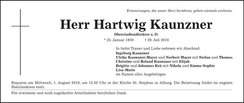 Traueranzeige Hartwig Kaunzner