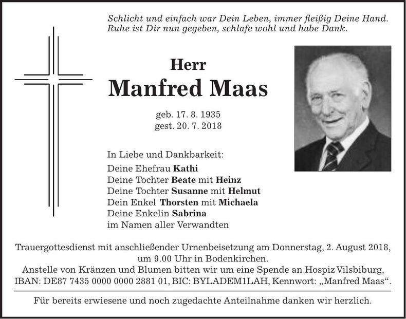Traueranzeige Manfred Maas